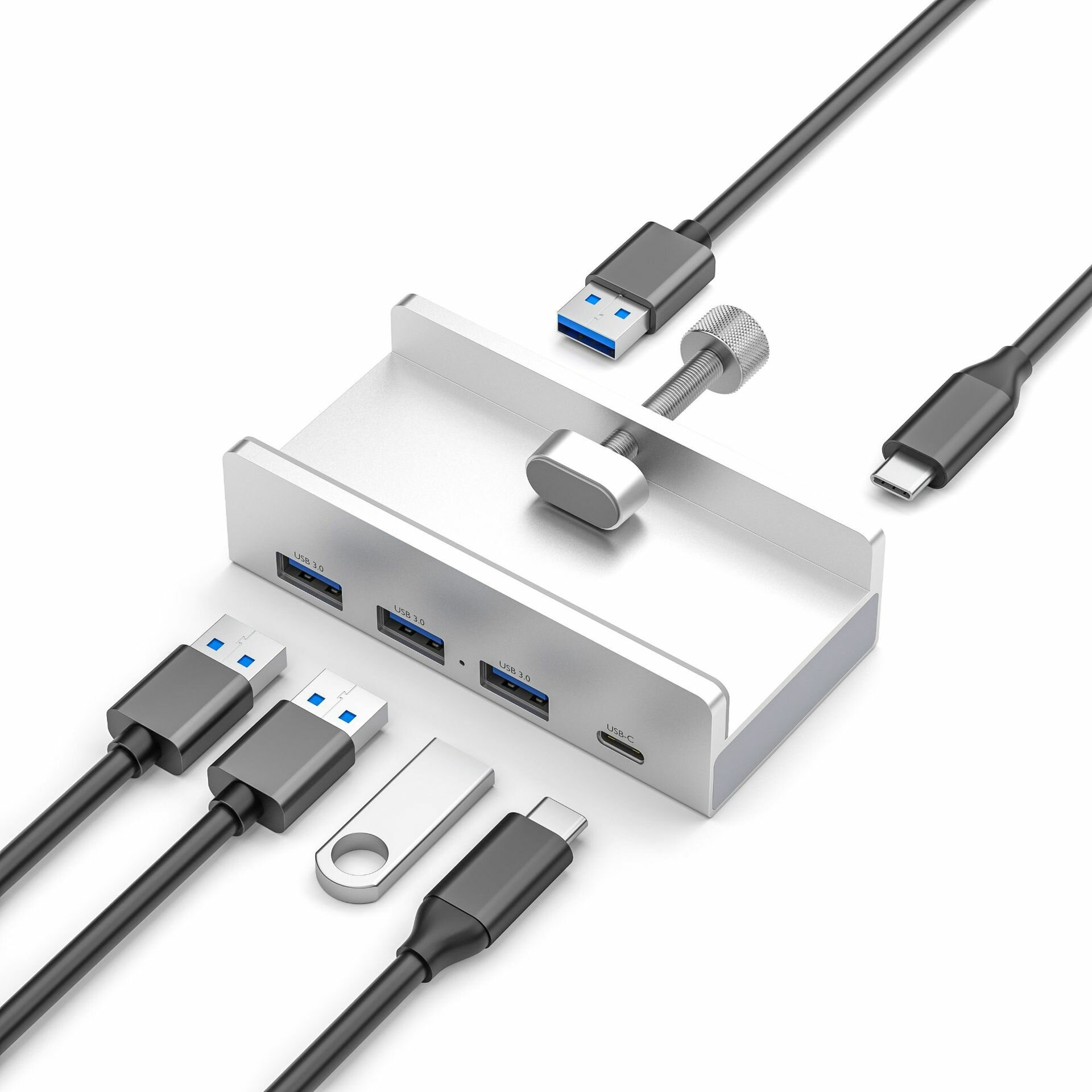 USB-хаб на 4 порта, 3 * USB 3.0 + 1 * TYPE C, с креплением, серый — фото 1