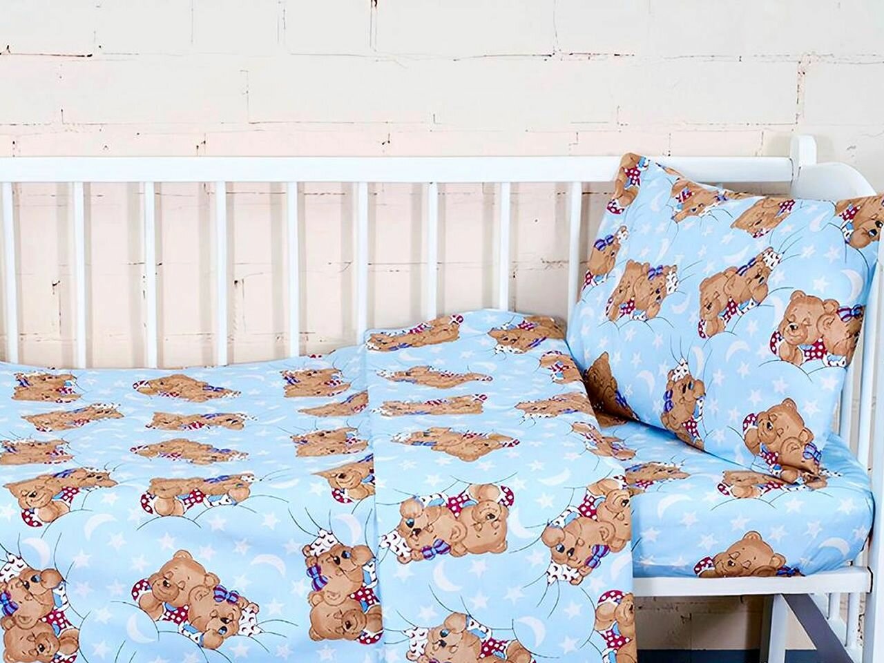 Детское постельное бельё бязь для детских кроваток - М - 120 - Спящий Мишка на голубом