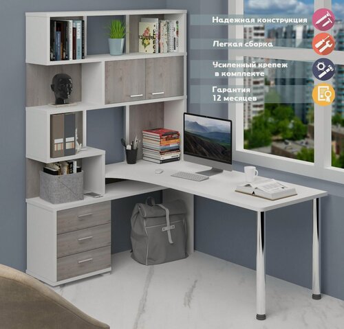 Изображение товара Стол компьютерный Мэрдэс СР-420/170 бенбе-лев Белый/Нельсон/Белый, угловой, с полками, с ящиками, 130х170х199 см