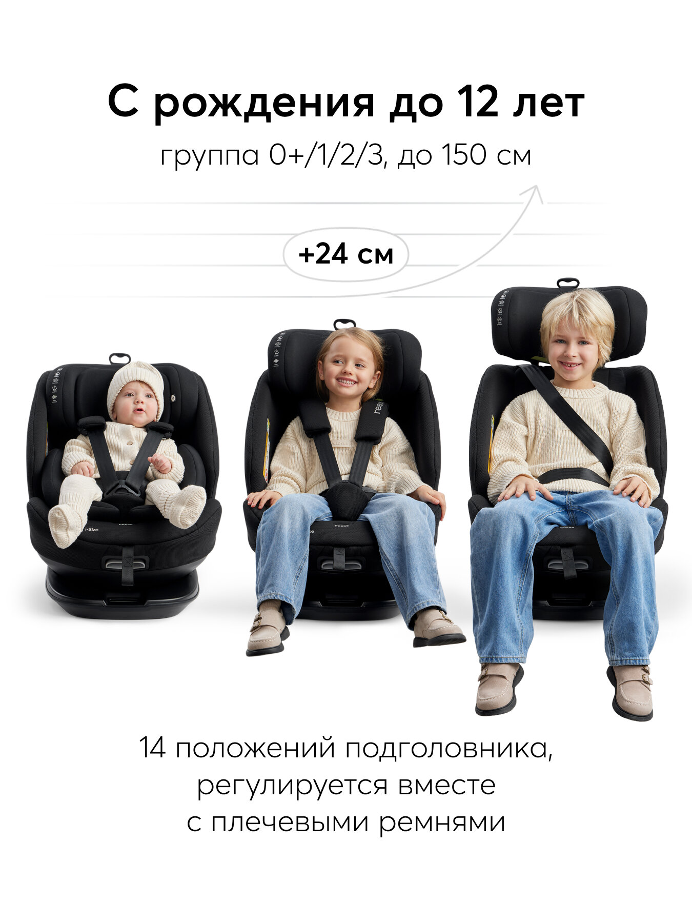 Автокресло детское Reex Happy Baby, поворотное на 360, от 0 до 12 лет,0/1/2/3 (до 36 кг), Isofix, рост 40-150 см, черное — фото 1
