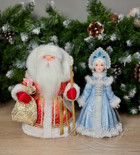 Изображение товара АртМороз Дед мороз и Снегурочка русские 24см, новогодняя игрушка под ёлку, авторская кукла ручной работы