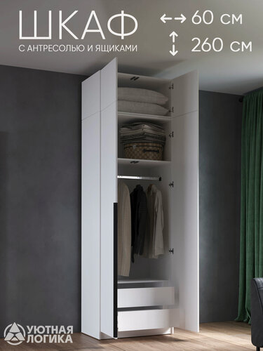 Изображение товара Шкаф для одежды распашной с антресолью и ручкой уютная логика / 60*260*50 см, Белый, с ящиками