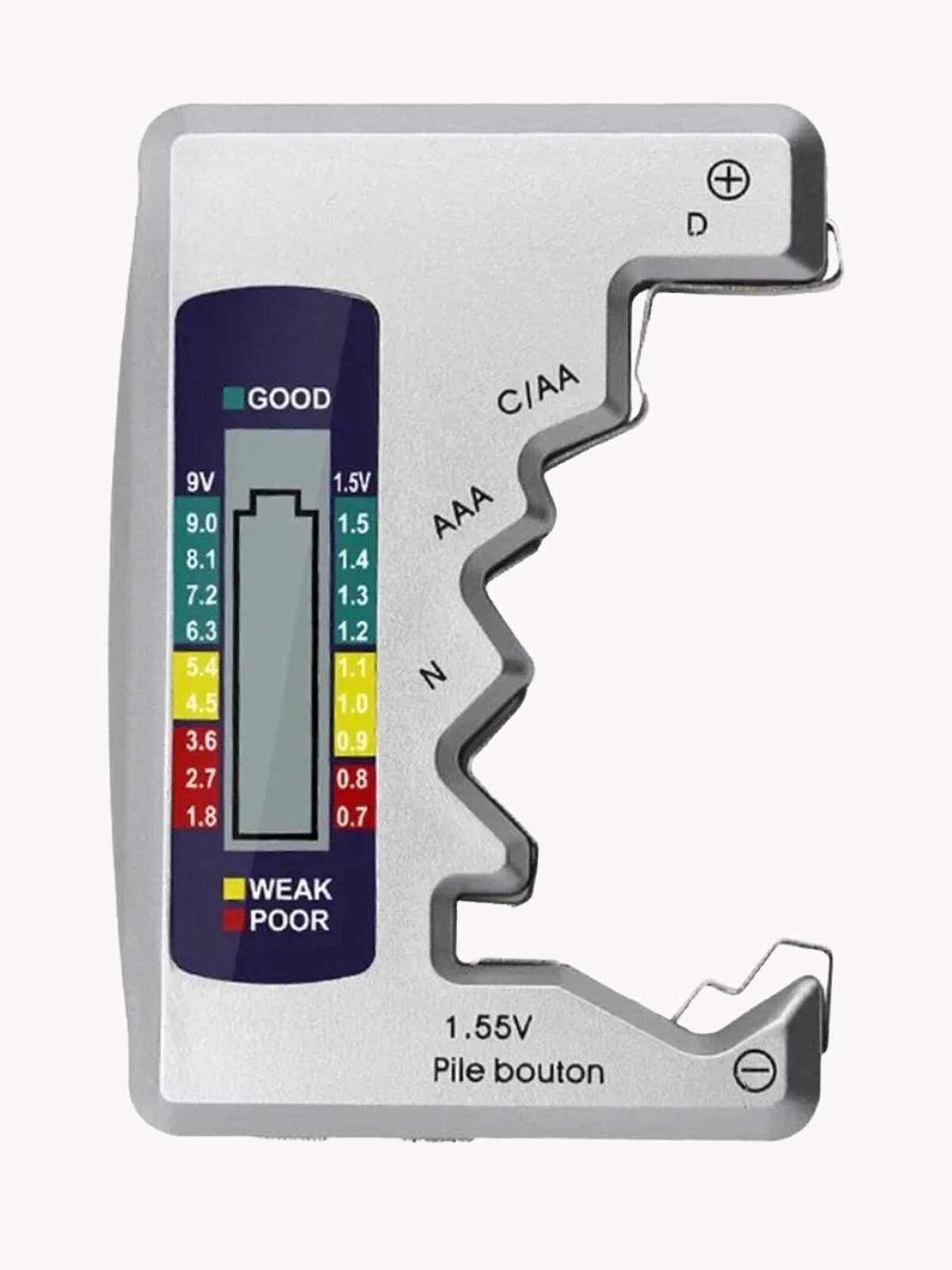 Компактный цифровой тестер с дисплеем для измерения постоянного напряжения и определения уровня заряда батареек