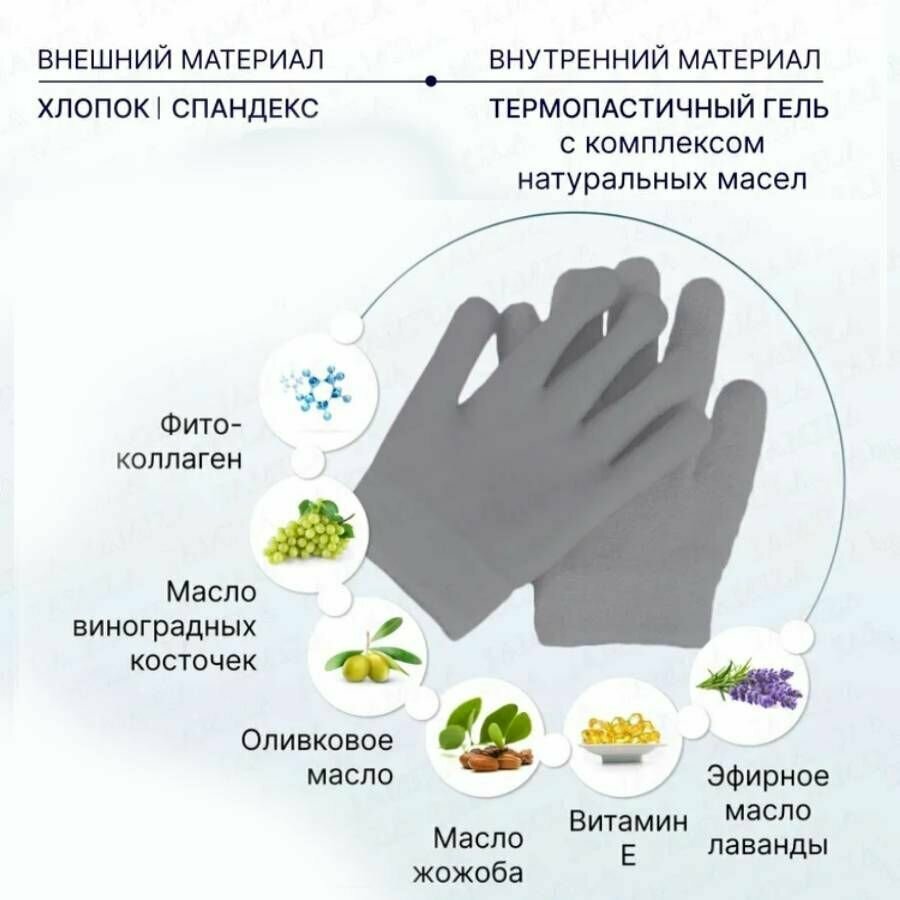 Косметические увлажняющие спа-перчатки гелевые многоразовые, цвет серый