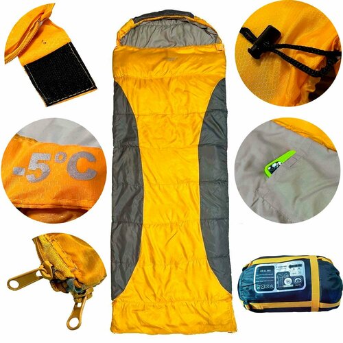 фото Спальный мешок -5°с / размер 190х75см r с подголовником и капюшоном +15/30см coolwalk молния справа цвет желтый