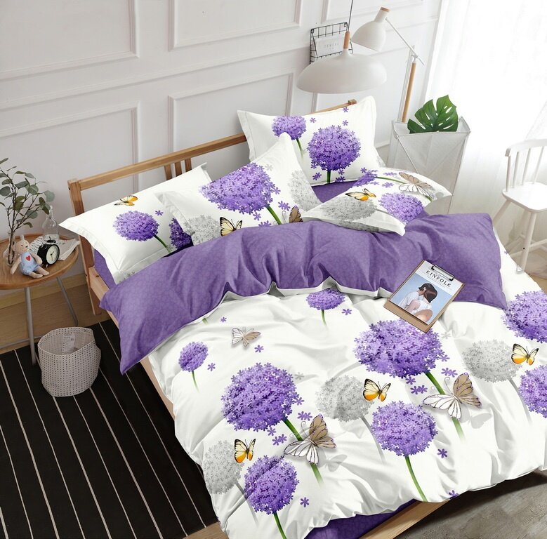 Комплект постельного белья Поплин Элис Текстиль Цветы фиолетовые с бабочками люкс рис. 1311