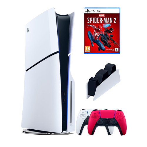 PS5 (ПС5) Игровая приставка Sony PlayStation 5 Slim disc + 2-й геймпад(красный) + зарядное + игра Spider-Man2