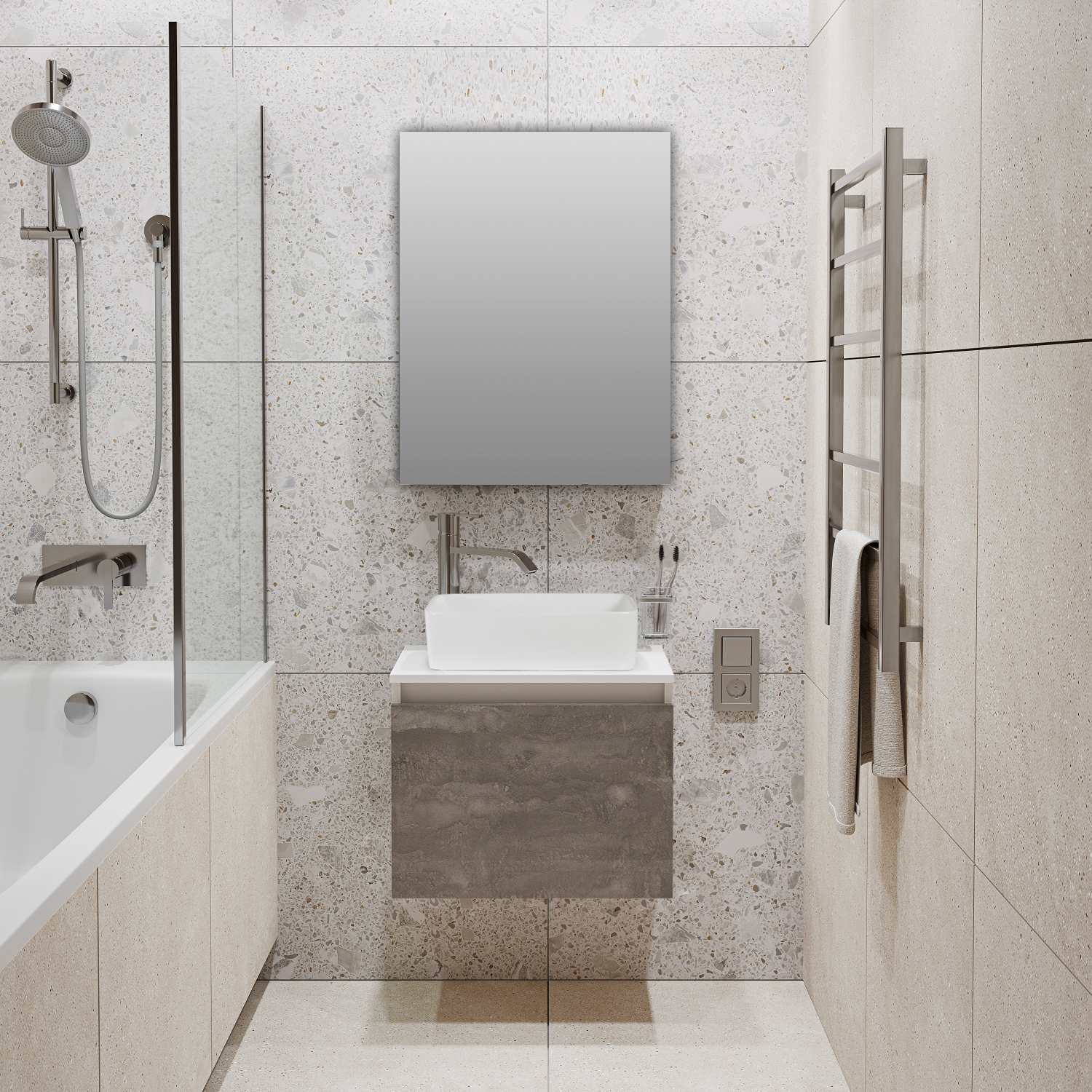 Мебель для ванной Бари 50, железный камень (тумба с раковиной Duo, выпуск, шкаф с зеркалом)