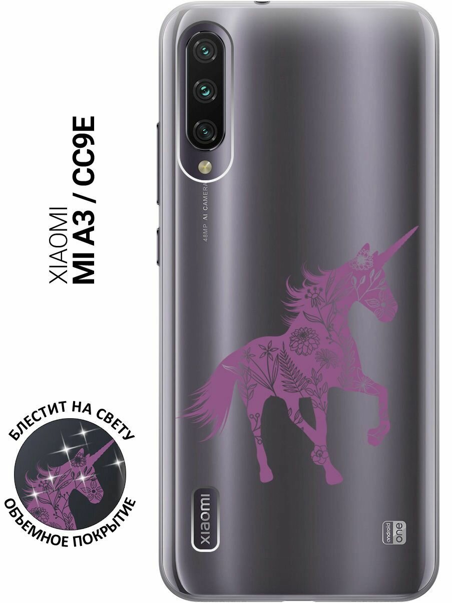 Силиконовый чехол на Xiaomi Mi A3, CC9e, Сяоми Ми А3, Ми СС9е с 3D принтом "Floral Unicorn" прозрачный