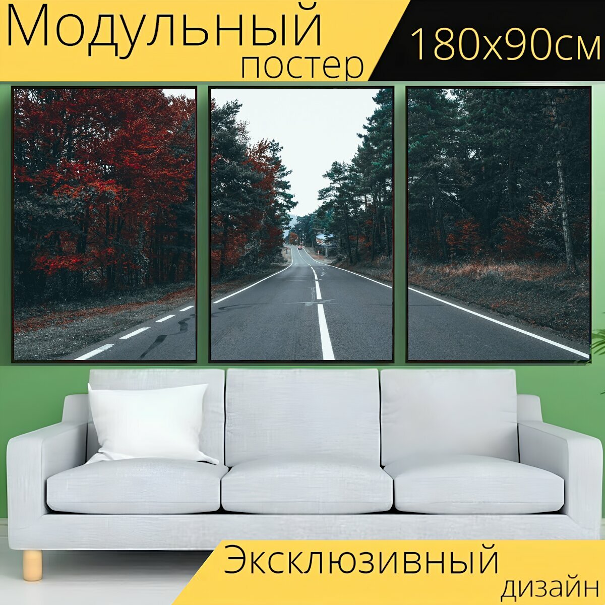 Модульный постер "Дорога, шоссе, асфальт" 180 x 90 см. для интерьера