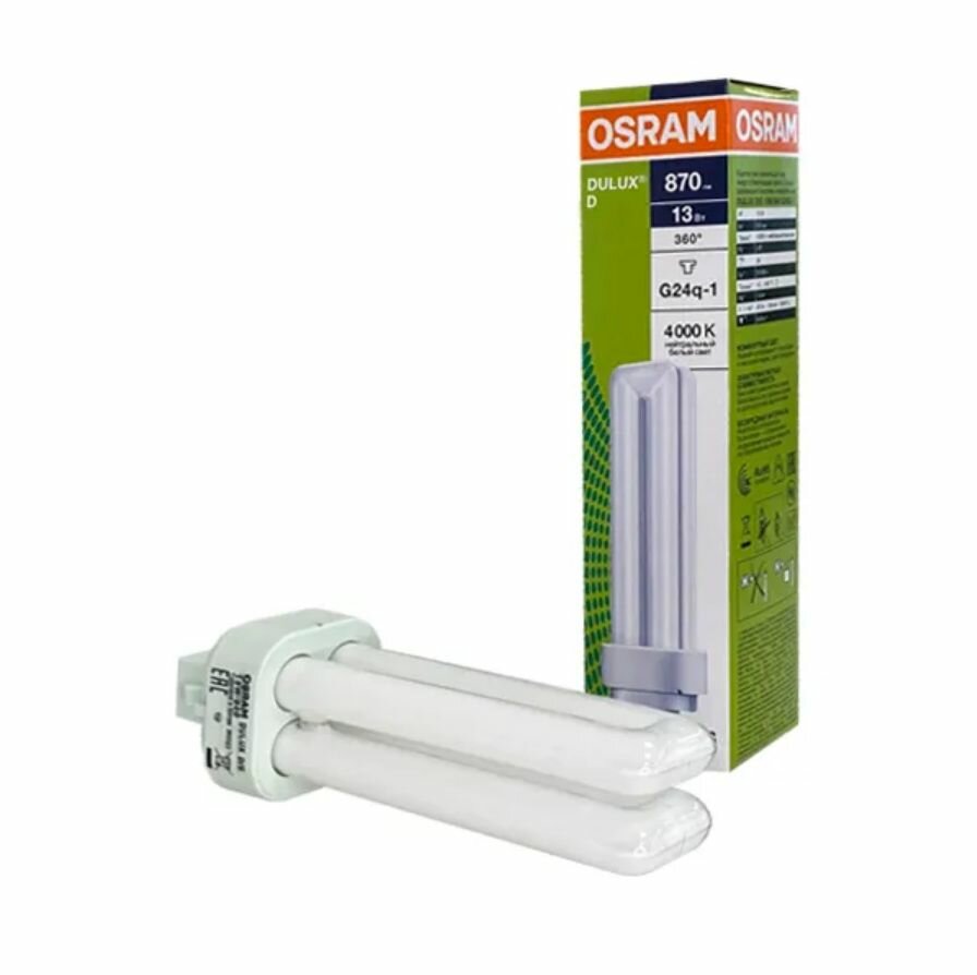 Люминесцентная неинтегрированная лампа OSRAM DULUX D 13W/840, 4000К, G24D-1, компактная