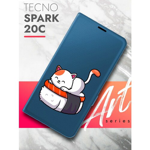 Чехол на Tecno Spark 20C (Техно Спарк 20С) синий книжка эко-кожа с функцией подставки и магнитами Book Case, Brozo (принт) Котик Спит чехол на tecno spark 20c техно спарк 20с черный книжка эко кожа с функцией подставки и магнитами book case brozo принт губы