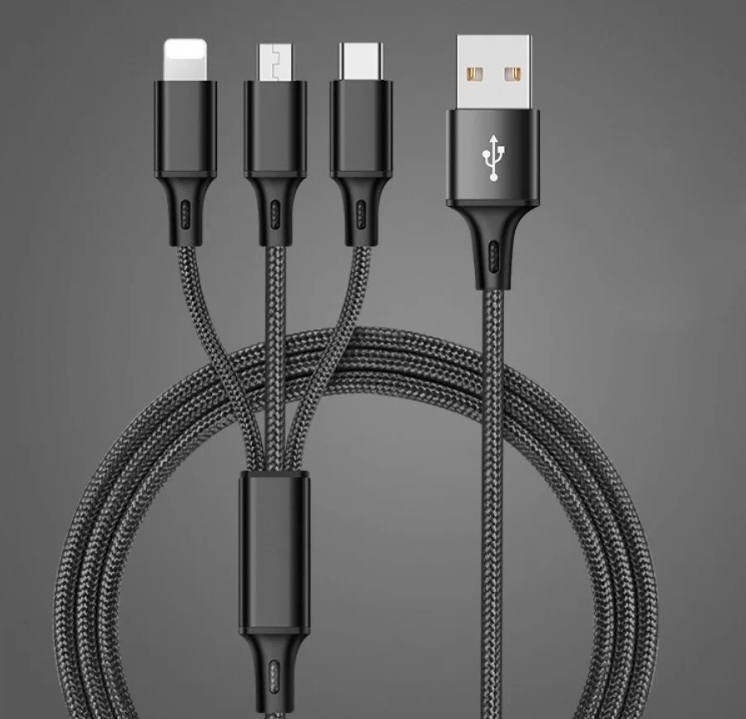 Etronic / Кабель для зарядки 3 в 1 (lightning, TYPE-C, MICRO-USB) провод 1.2м быстрая зарядка 2А