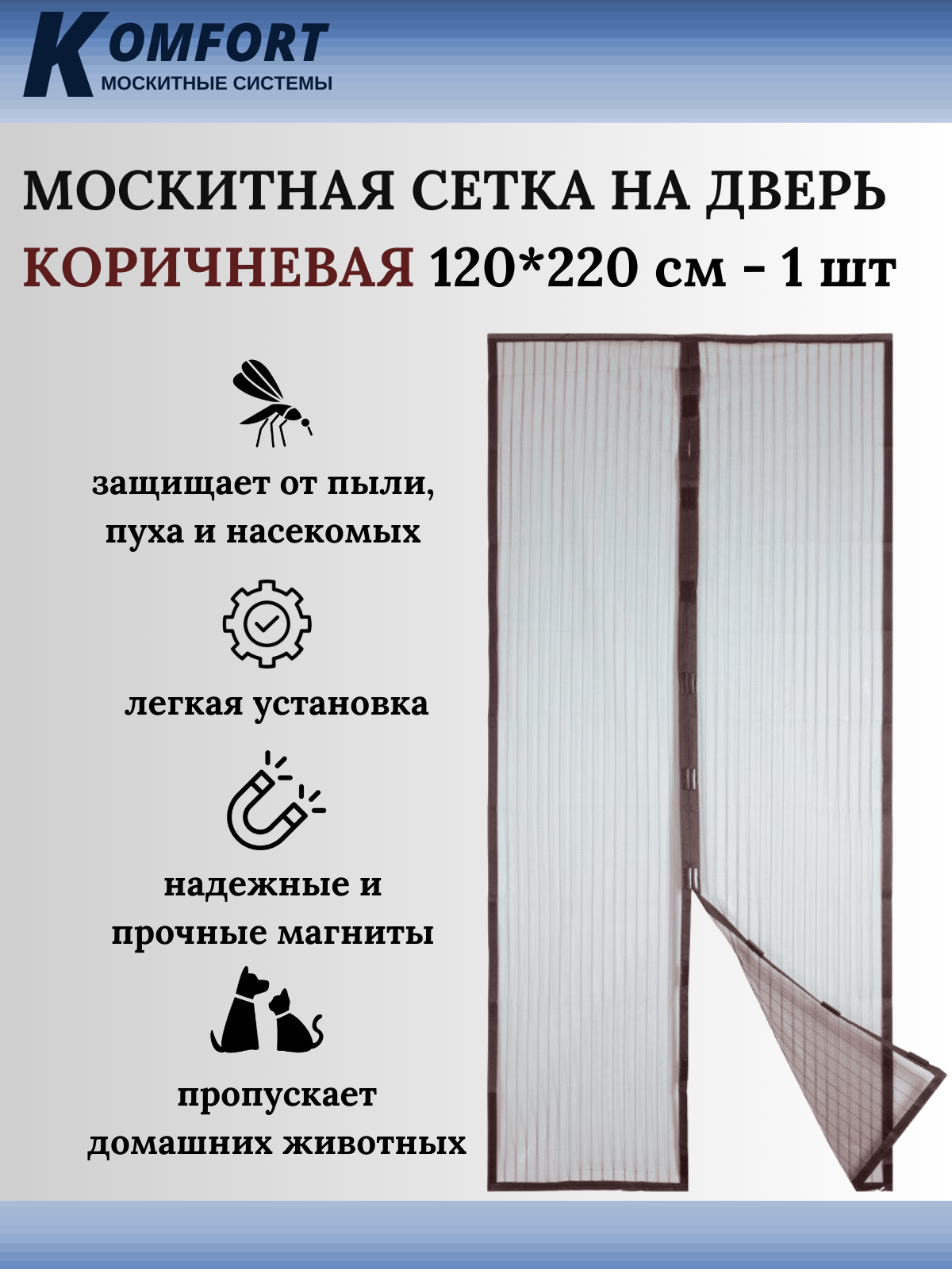 Москитная сетка на дверь магнитная 120*220 см коричневая 2 шт