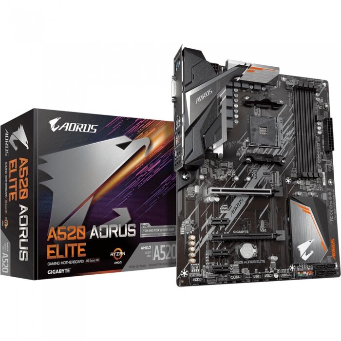 Материнская плата Gigabyte A520 AORUS ELITE, Socket AM4, AMD A520, 4xDDR4-3200, DVI-D+HDMI, 2xPCI-Ex16, 3xPCI-Ex1, 4xSATA3(RAID 0/1/10), 1xM.2, 8 Ch Audio, GLan, (4+4)xUSB2.0, (4+2)xUSB3.2, 1xPS/2, ATX, RTL