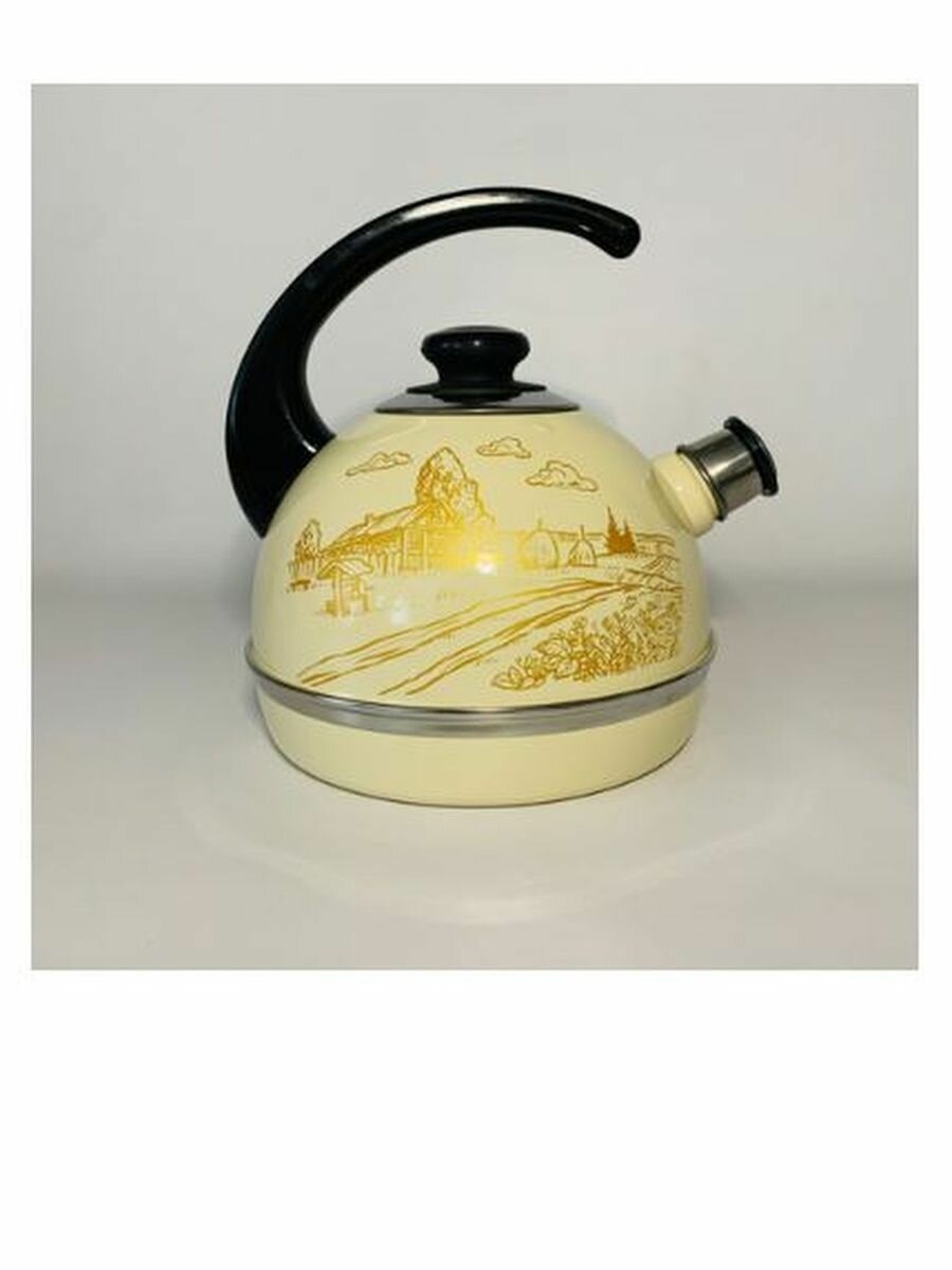 фото Чайник 2,5л (конс. ручка)-слон. кость/золотой домик в дерев (декор- нерж. сталь)Т04/25/04/40 (г. Ростов)