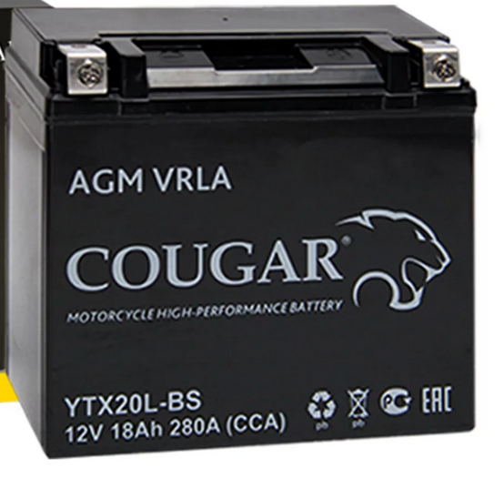 Аккумулятор мотоциклетный Cougar AGM YTX20L-BS 12V 18Ah (залит и готов к применению)