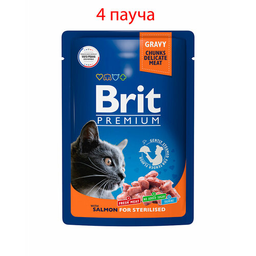 Пауч Brit Premium для взрослых стерилизованных кошек лосось в соусе 85гр, 4шт brit premium полнорационный влажный корм для стерилизованных кошек с лососем кусочки в соусе в паучах 85 г