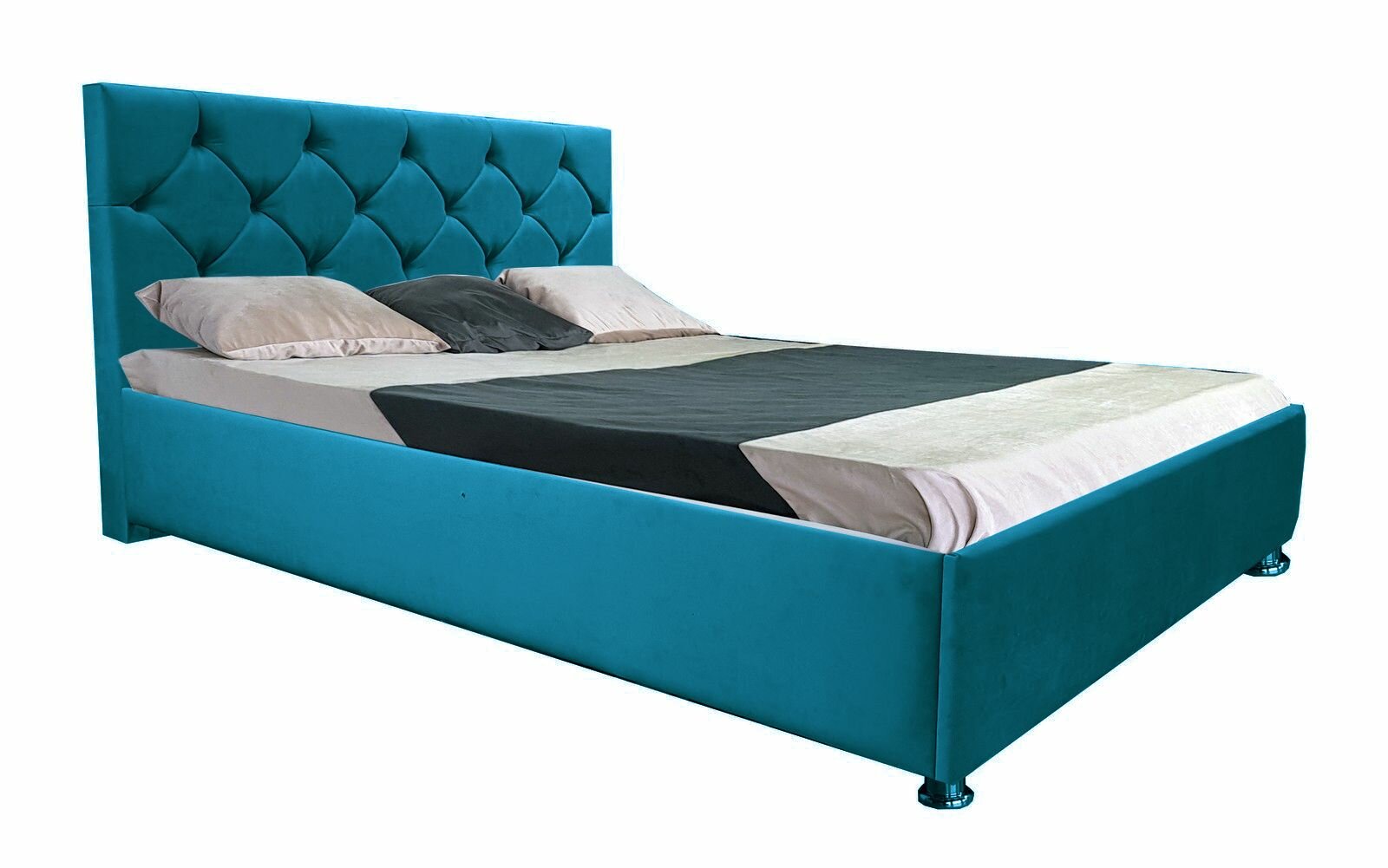 Двуспальная кровать Сирия 160x200 основание металлическое с ламелями велюр бирюзовый ножки 5 см