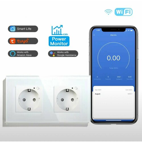 Умная двойная розетка Wi-Fi мониторингом расхода электроэнергии с голосовым управление Яндекс станцией Алисой Марусей