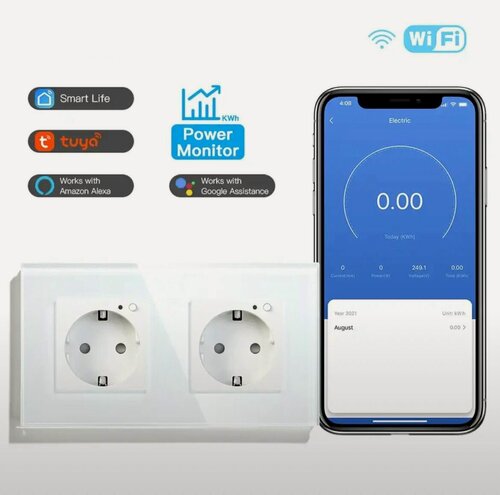 Изображение товара Умная двойная розетка Wi-Fi мониторингом расхода электроэнергии с голосовым управление Яндекс станцией Алисой Марусей