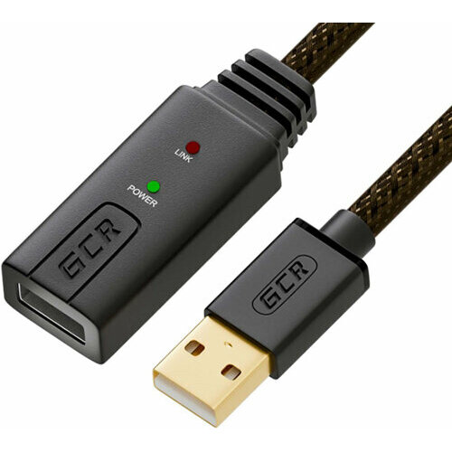 GCR Удлинитель активный 10.0m USB 2.0, AM/AF, GOLD, черно-прозрачный, с усилителем сигнала Premium, 24/22 AWG, разъём для доп. питания, 44-050618 Greenconnect USB 2.0 Type-AM - USB 2.0 Type-AF (44-050618) gcr удлинитель 0 3m usb 2 0 am af черный gcr 55066 greenconnect gcr 55066