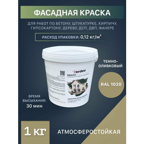 Краска для стен темно-оливковая Ral 1020, фасадная, без запаха, 1кг