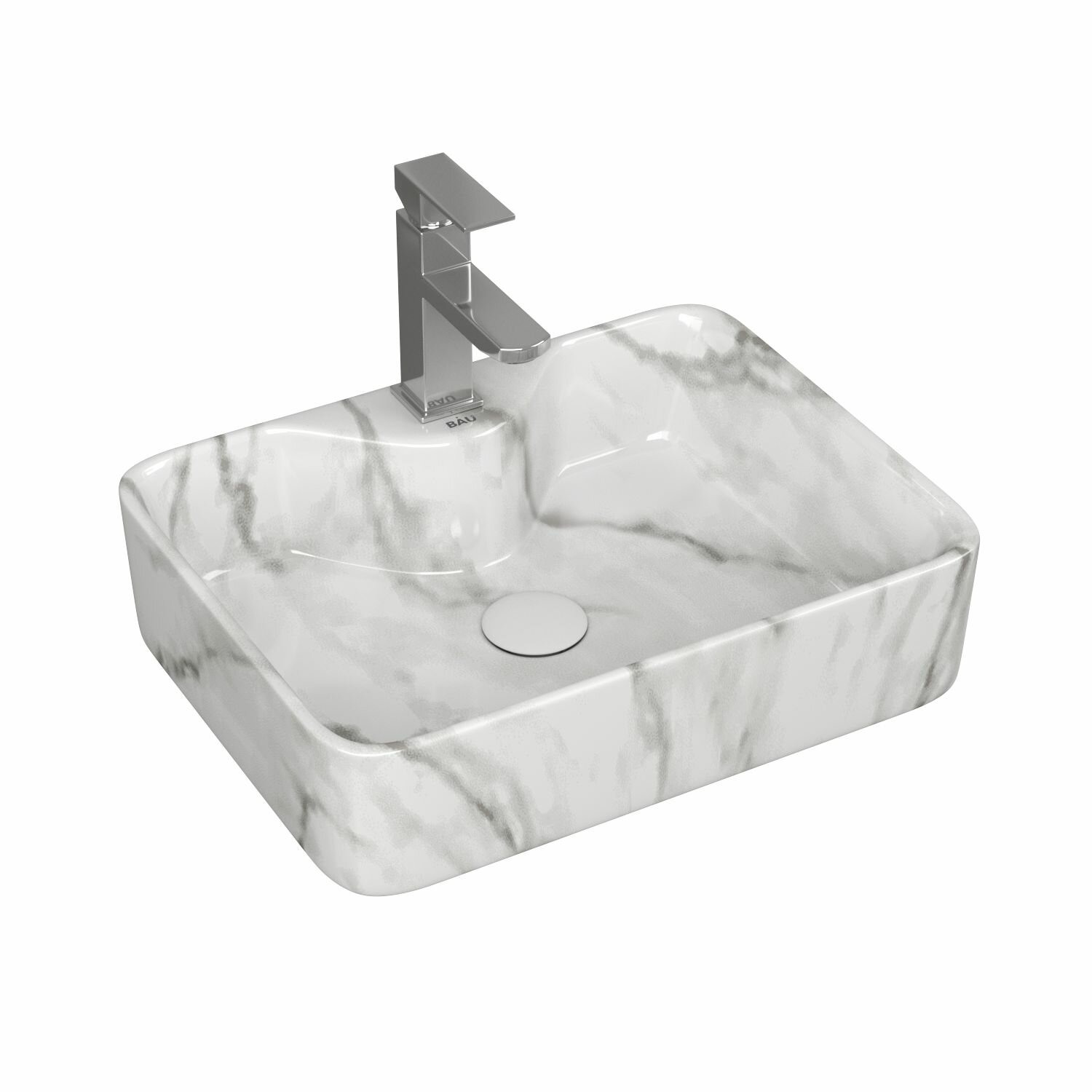 фото Раковина накладная со смесителем и выпуском (прямоугольная BAU Cerama 48х37, мрамор + смеситель Hotel Still, выпуск клик-клак белый)