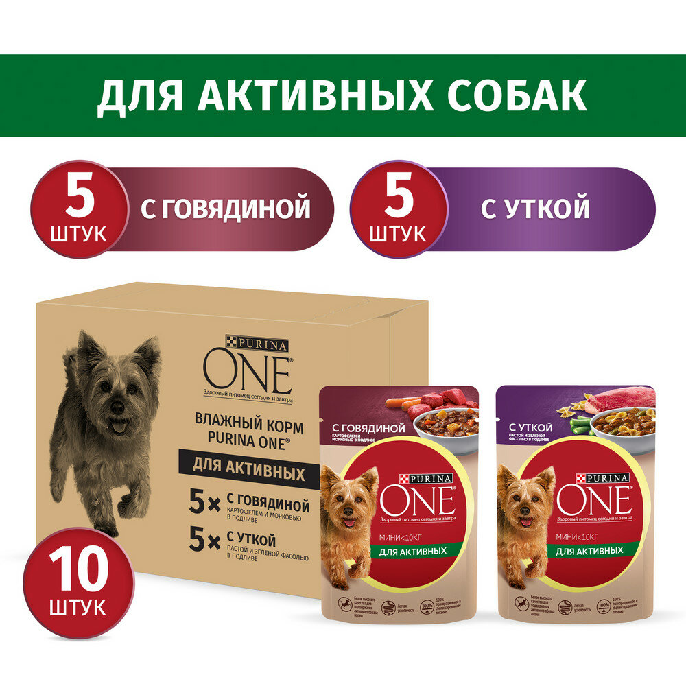 Корм влажный Purina One Мини набор для активных взрослых собак мелких и карликовых пород говядина, картофель, морковь, утка, паста и зеленая фасоль в подливе 10 шт x 85 г