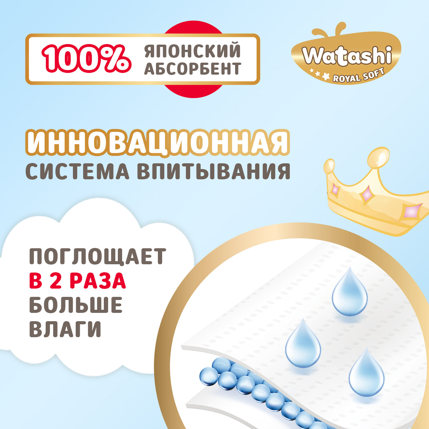 WATASHI Royal Soft Детские одноразовые подгузники-трусики 4/L 9-14 кг mega-pack 56шт /2