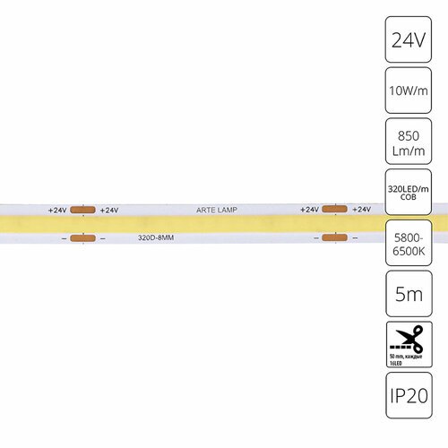 Светодиодная лента 24V 10W/m 6000К 5м Arte Lamp LANE A2432008-03-6K