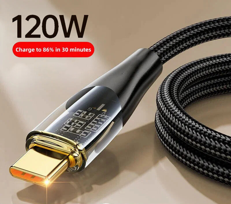 Кабель USB-Type-C с быстрой зарядкой и передачей данных 120W 6A 1.5 м 480 Mbps латунные коннекторы быстрая зарядка для Samsung Huawei Xiaomi Oppo Vivo (Черный)