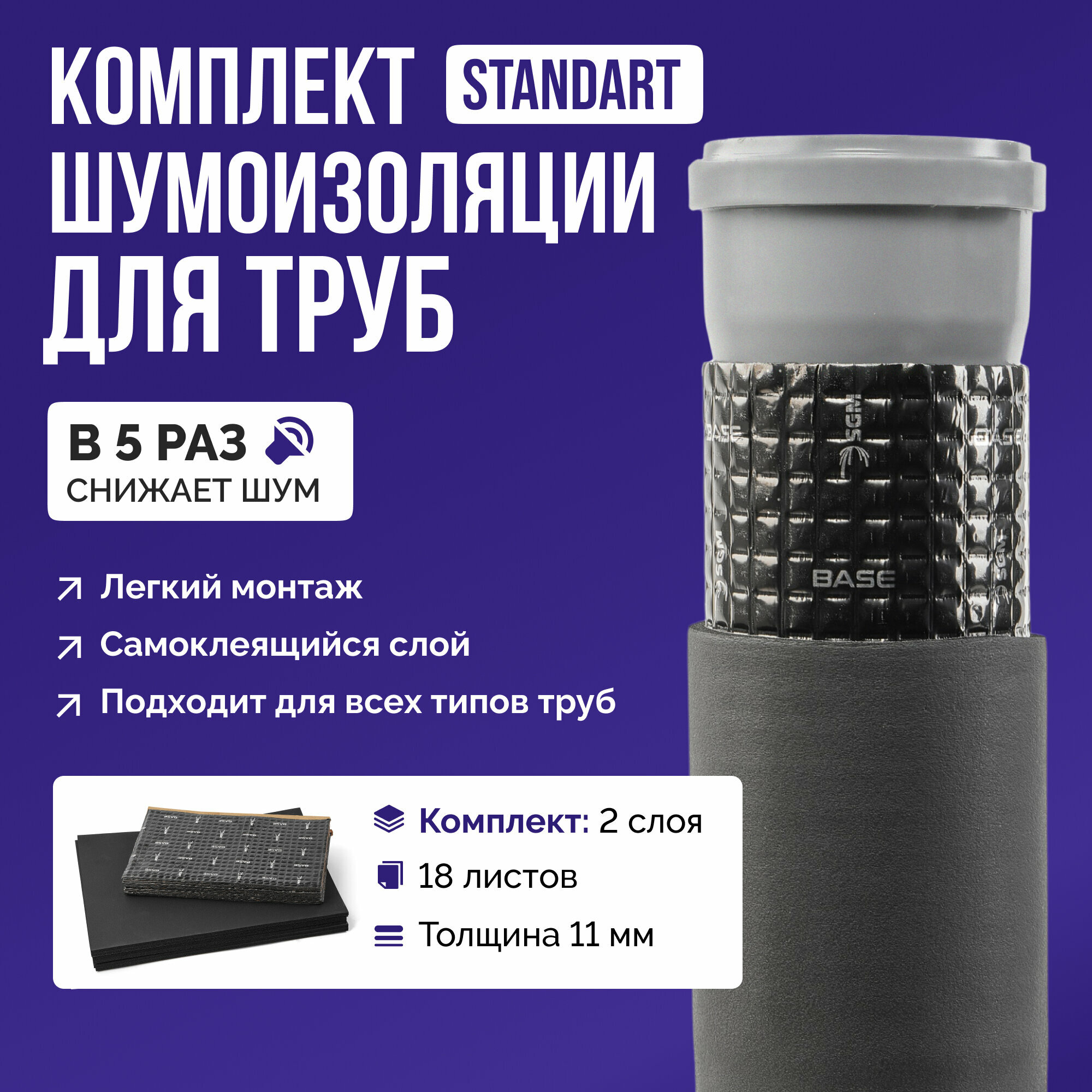 Шумоизоляция для труб набор SGM STANDARD для всех типов труб. Звукоизоляция сантехники канализации 110 стояка. Для ванной и кухни