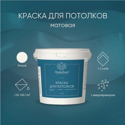 Изображение товара Краска для потолков белая MasterGood (1,2 кг) / Водоэмульсионная быстросохнущая
