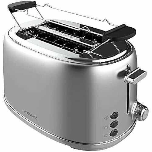 Тостер Cecotec 2 ломтика Toast & Button 1000 Retro Double Inox, 980 Вт, 2 широких и коротких отделения по 3,8 см, нержавеющая сталь, верхние полки, регулируемая мощность, ящик для крошек
