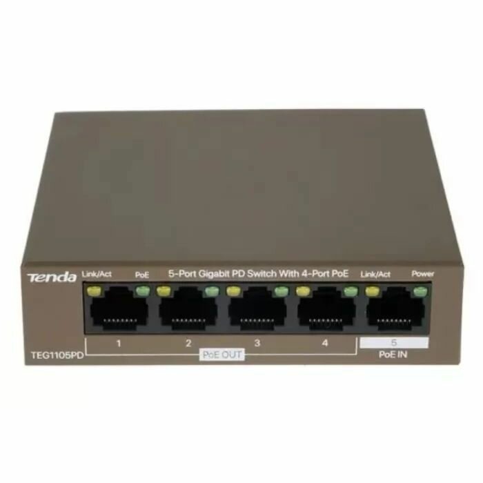 Коммутатор неуправляемый Tenda TEG1105PD 5 портов 10/100/1000 Мбит/сек, 1 из портов PoE PD, 4 порта PoE PSE