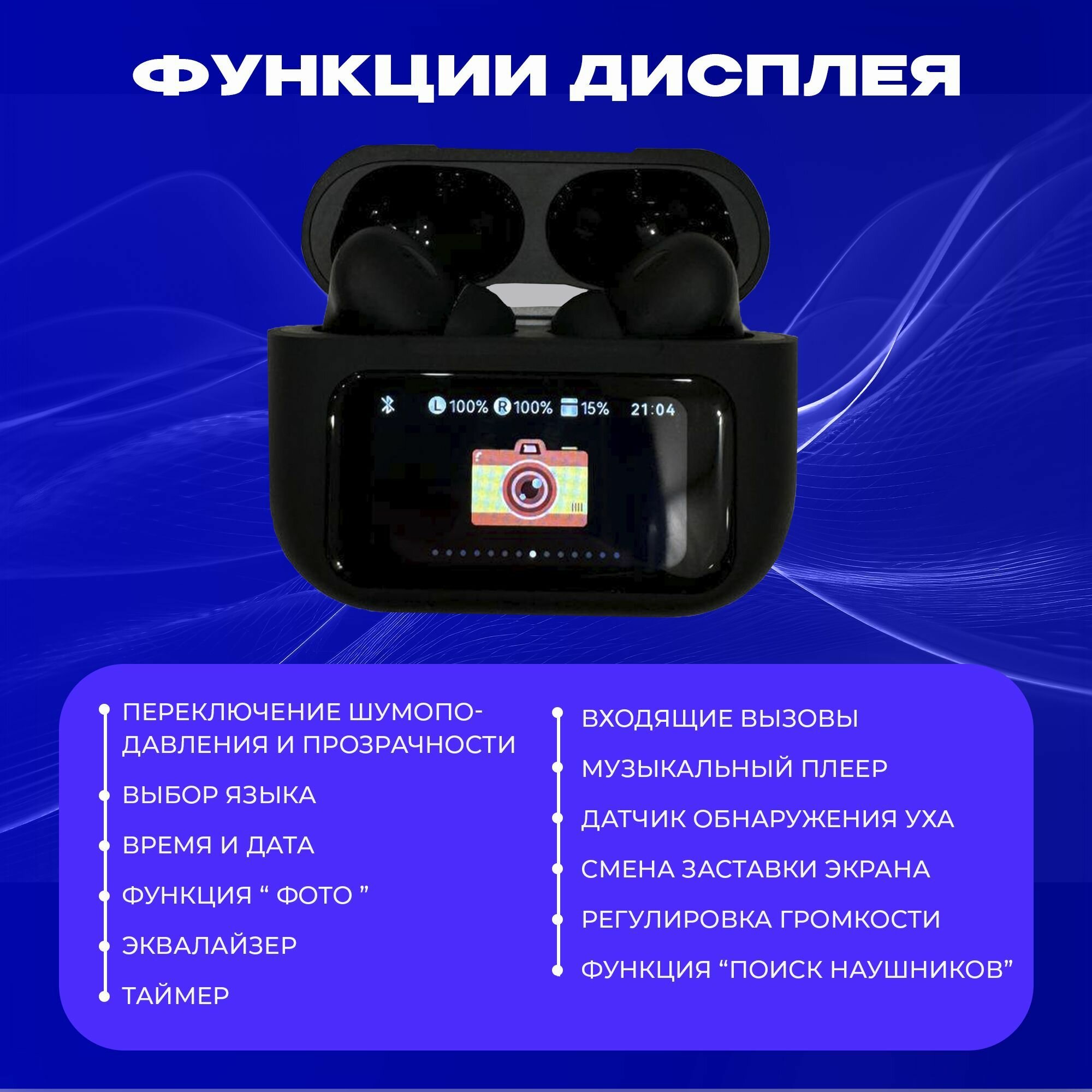 Наушники беспроводные A9 PRO с микрофоном шумоподавлением и сенсорным управлением через экран и дисплей для iOS/Android — фото 1