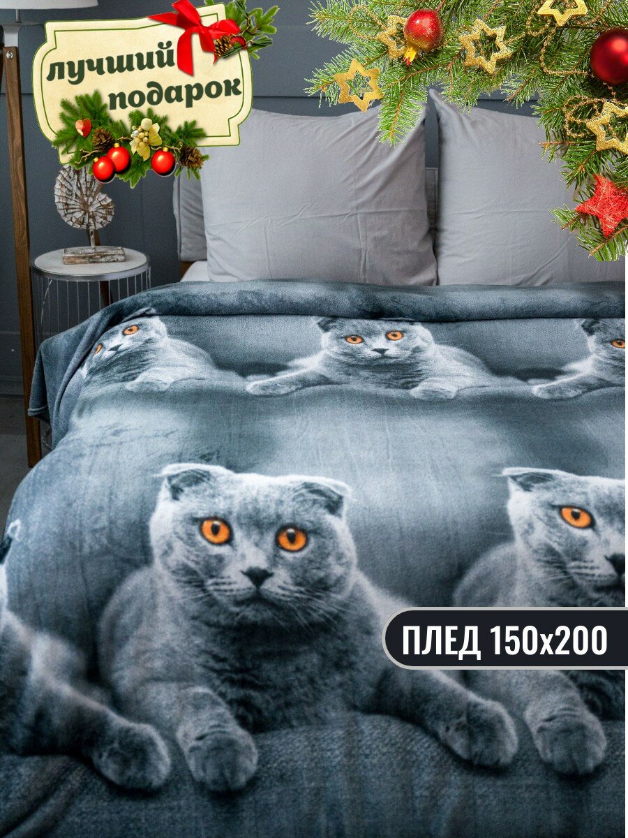 Плед 150х200 Павлина Кот шотландский шотландец серый велсофт