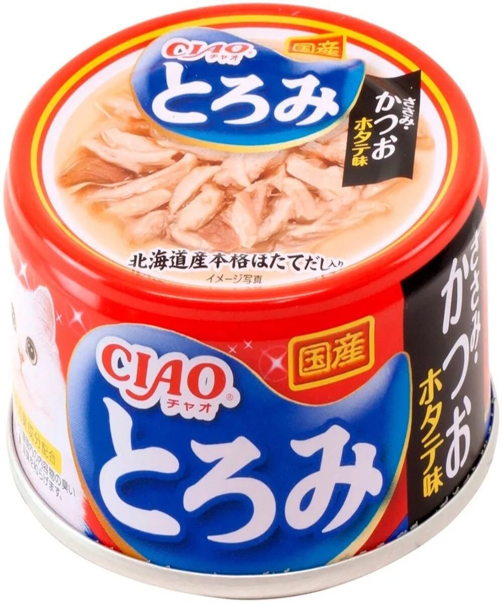Inaba Ciao Toromi Влажный корм для кошек Куриное филе и тунец Кацуо со вкусом морского гребешка в бульоне 80г*24 шт.