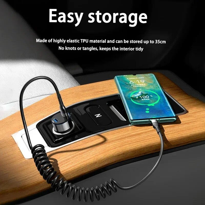 Кабель USB Type C 66 Вт 5A для быстрой зарядки, пружинное телескопическое автомобильное зарядное устройство для телефона, шнур для даты для Samsung Xiaomi Redmi Huawei, USB C кабель, Red, 1.5 м — фото 1