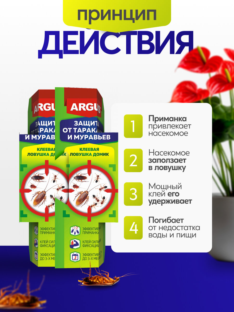 Средство от тараканов и муравьев Argus, 10 штук, ловушки клеевые от насекомых. Отрава Аргус от вредителей с феромоновой таблеткой (приманкой). Защита от насекомых — фото 1