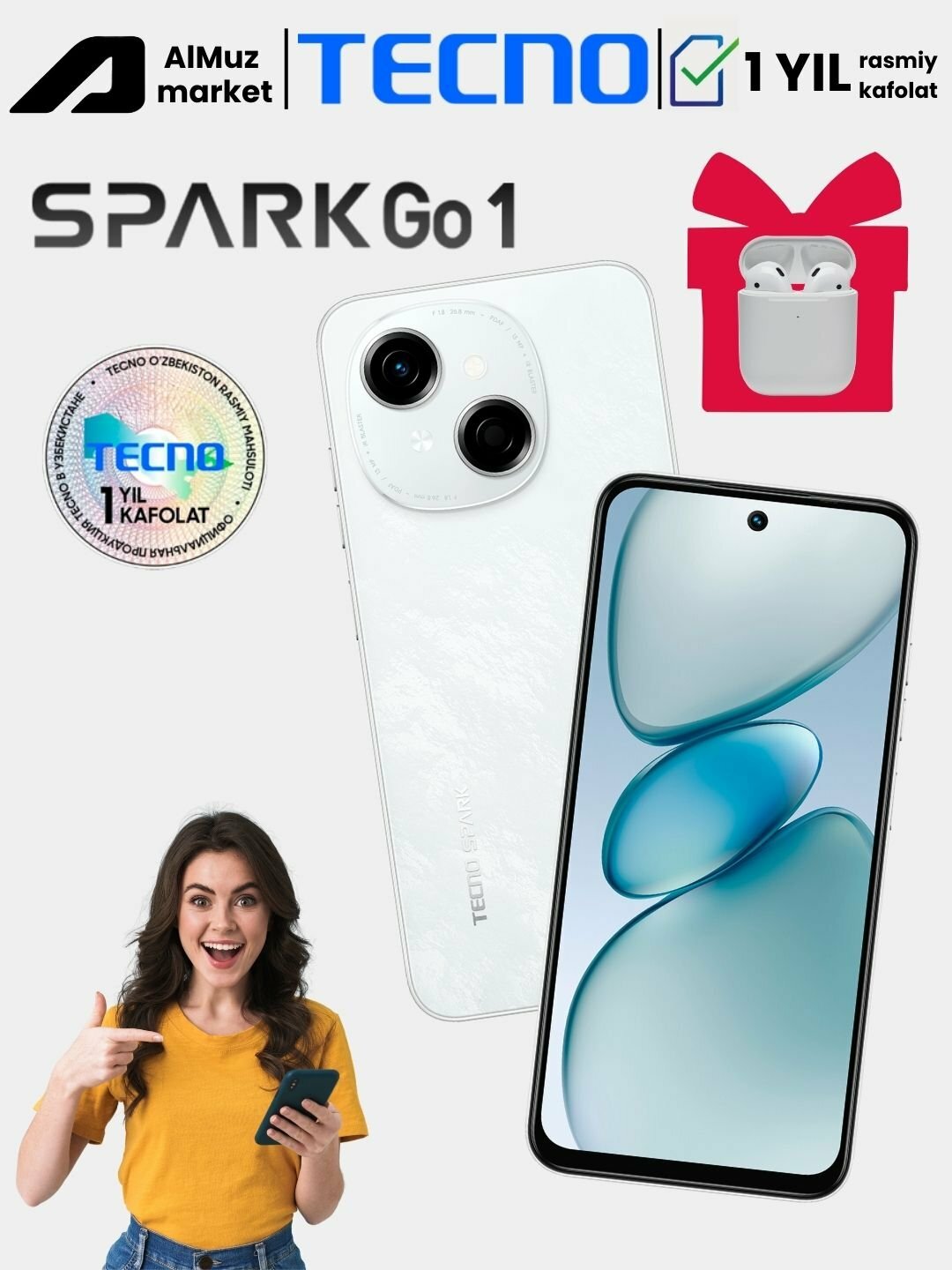 Смартфон Tecno Spark Go 1, 4+4/128, основная камера 50 МП, Wi-F, Bluetooth, Android 13, белый