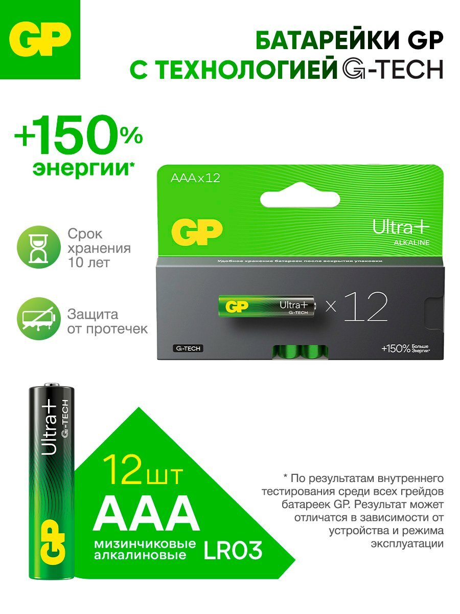 GP Батарейки мизинчиковые алкалиновые ААА G-TECH Ultra Plus 24AUPA21-2CRB12, набор 12 шт