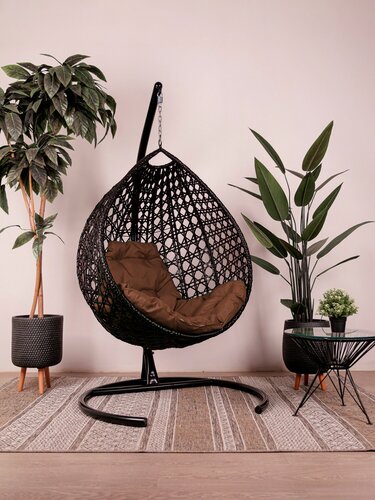 Изображение товара Подвесное кресло капля люкс, с ротангом чёрное, коричневая подушка