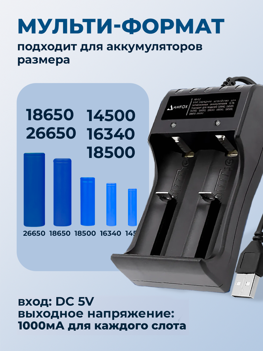 Зарядное устройство для аккумуляторных батареек, AMFOX, AH-12, для 2х АКБ, индикатор заряда, универсальный зарядник liitokala, черное — фото 1