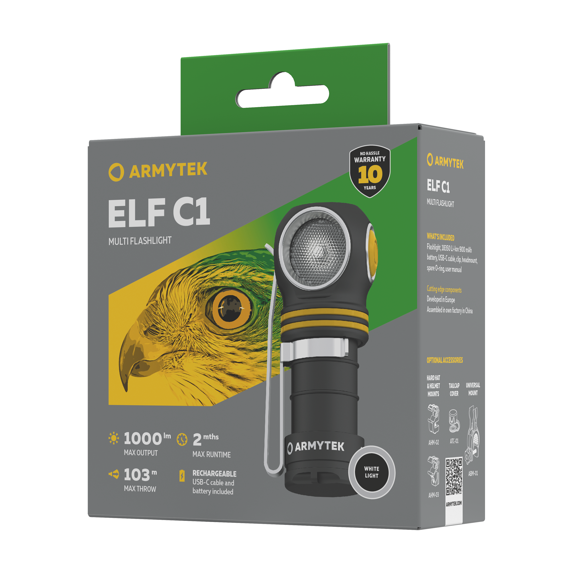 Фонарь ArmyTek Elf C1, 1000 люмен, IP68, налобный, USB-зарядный, LED