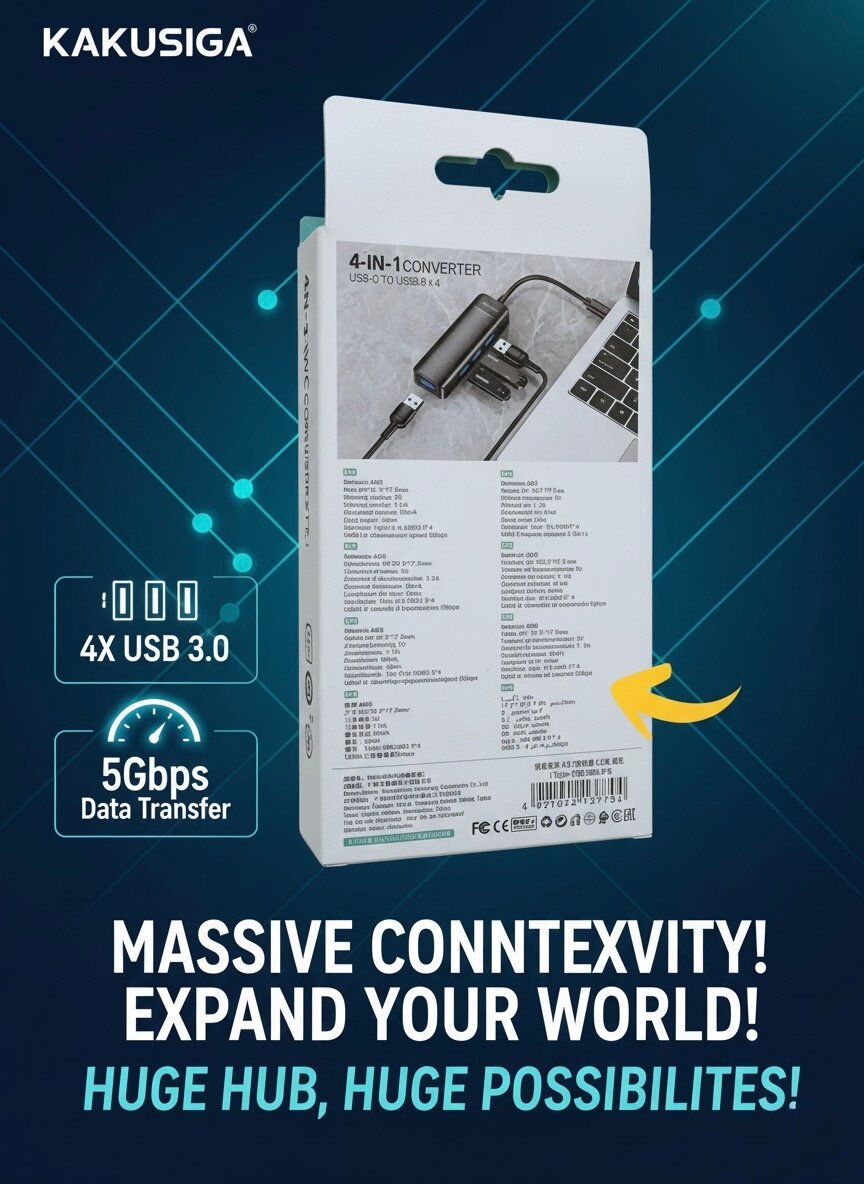 Конвертер интерфейсов Kakusiga CR-USB309, для USB-C, 4 разъема, 5 Гбит, черный — фото 1