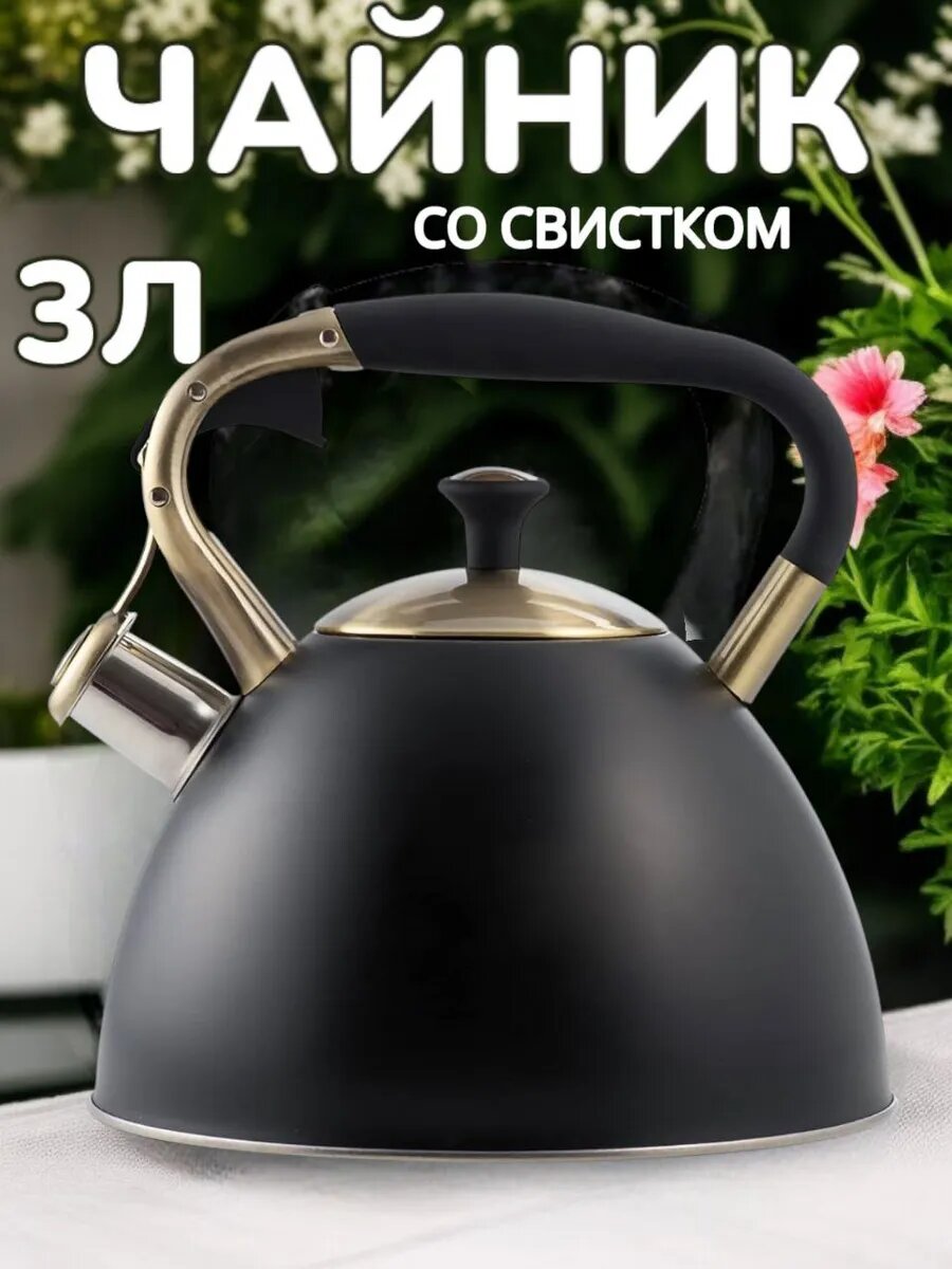 Большой чайник 3 л со свистком — Подходит для всех типов плит, матовая поверхность