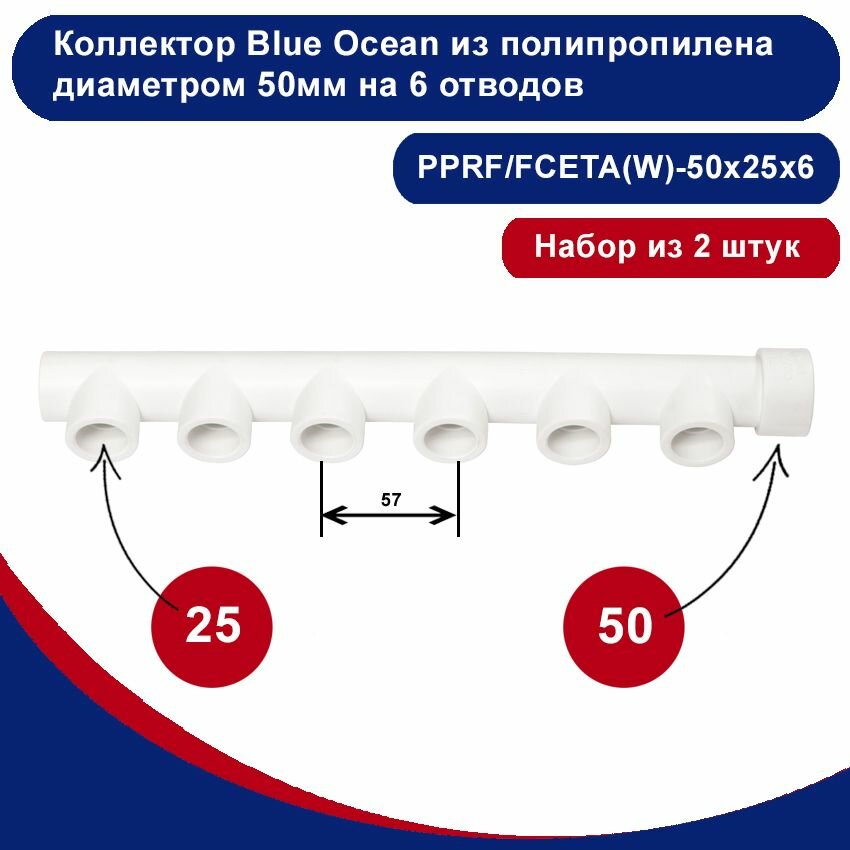 фото Коллектор Blue Ocean из полипропилена белый диаметром 50мм на 6 отводов диаметром 25мм