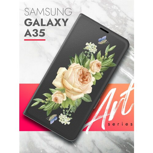 Чехол на Samsung Galaxy A35 (Самсунг Галакси А35) черный книжка эко-кожа подставка отделение для карт магнит Book case, Brozo (принт) Бежевые Розы чехол на samsung galaxy a05 самсунг галакси а05 черный книжка эко кожа подставка отделение для карт магнит book case brozo принт бежевые розы